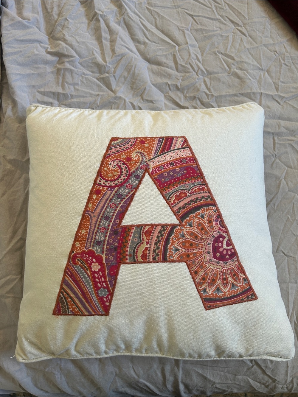 Monogram 'A' Decorative Throw Pillow - Cream with Pink & Orange Paisley